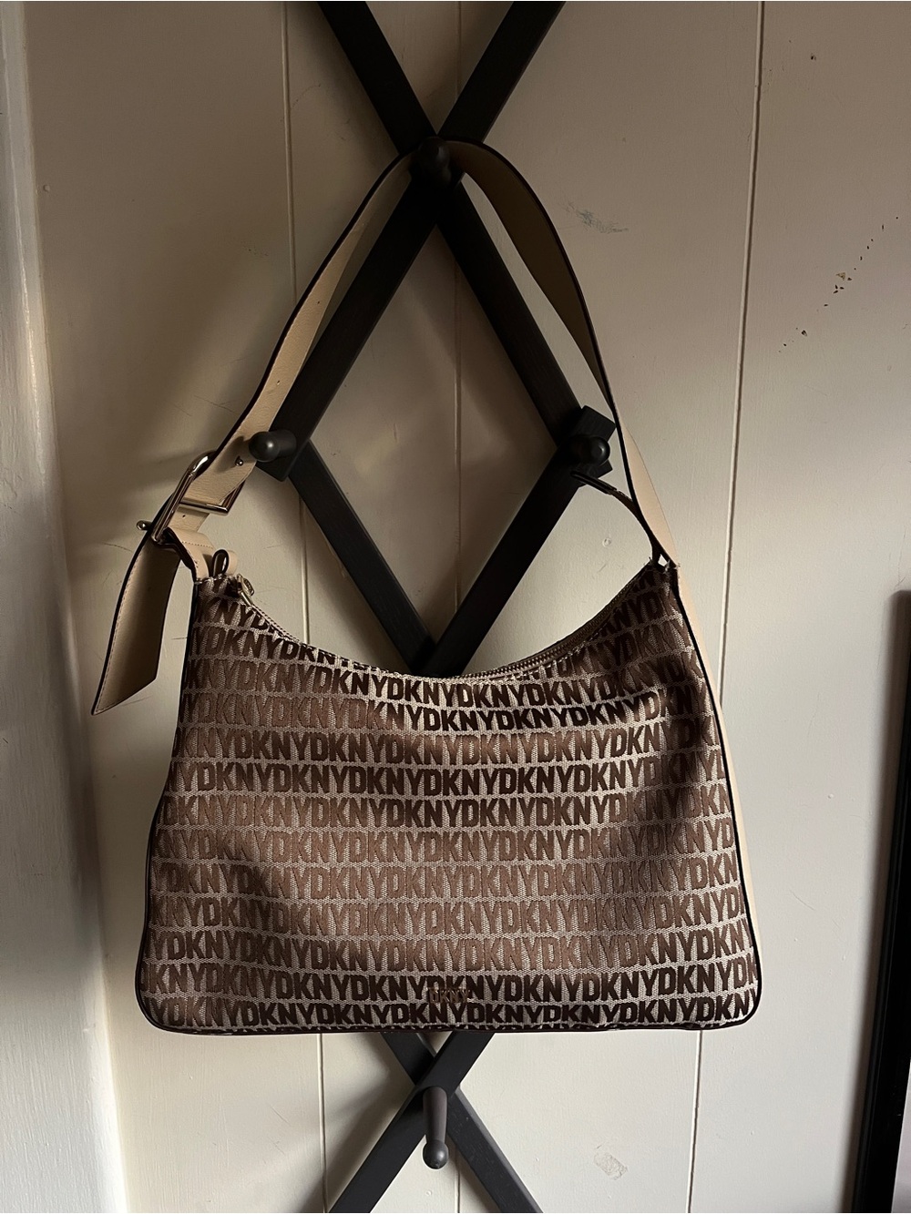 DKNY Brown and Tan Logo Shoulder Bag